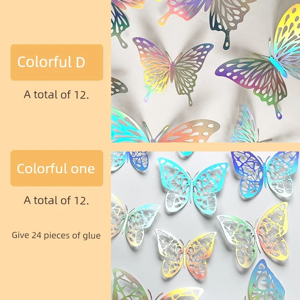 3D Renkli Kelebek Duvar Stickerları - D 12 Renkli Gümüş + I 12 Renkli Gümüş