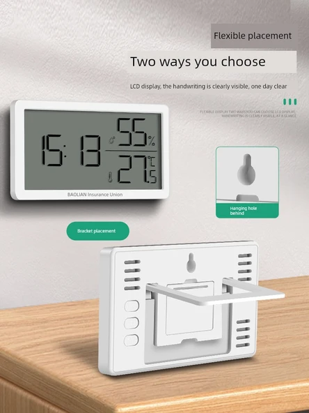 Dijital Termometre ve Higrometre - Saatli Büyük Ekran 5 Kancalı - Resim 6