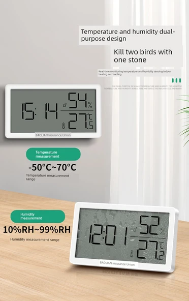 Dijital Termometre ve Higrometre - Saatli Büyük Ekran 5 Kancalı - Resim 12