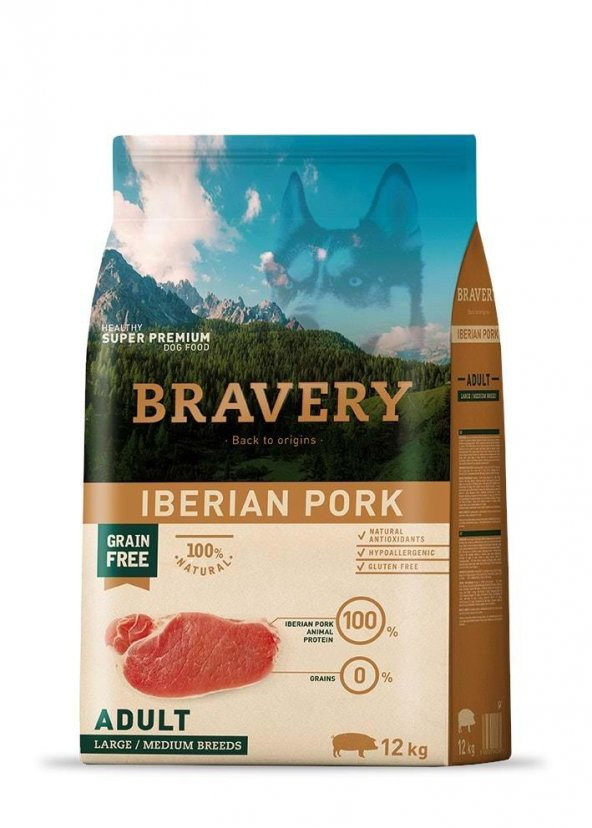 Bravery Tahılsız Iberian Pork Büyük ve Orta Irk Köpek Maması 12 Kg