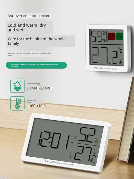 Dijital Termometre ve Higrometre - Saatli Büyük Ekran 5 Kancalı - Resim 2