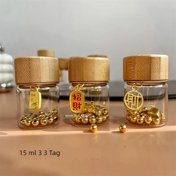 Mini Cam Saklama Şişesi 15ml Bambu Kapaklı - 3 Etiketli