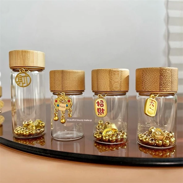 Mini Cam Saklama Şişesi 15ml Bambu Kapaklı - 3 Etiketli - 5