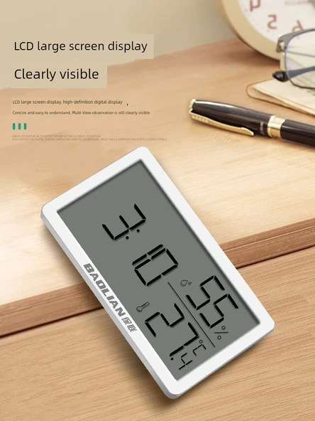 Dijital Termometre ve Higrometre - Saatli Büyük Ekran 5 Kancalı - Resim 3