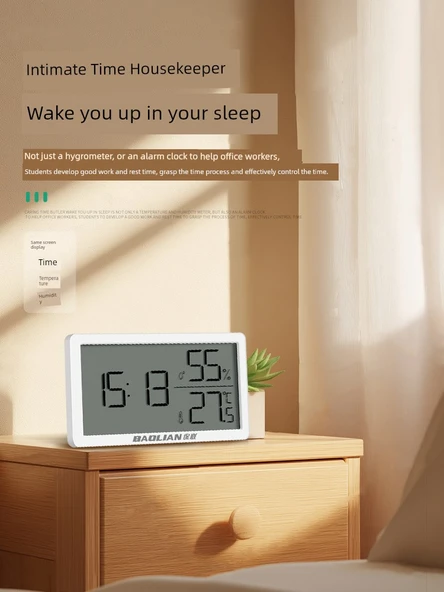 Dijital Termometre ve Higrometre - Saatli Büyük Ekran 5 Kancalı - Resim 4