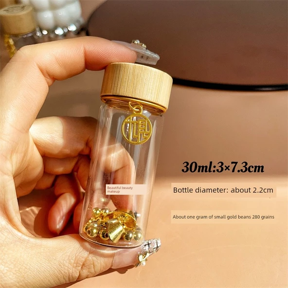 Mini Cam Saklama Şişesi 30ml Bambu Kapaklı - Finans Etiketli