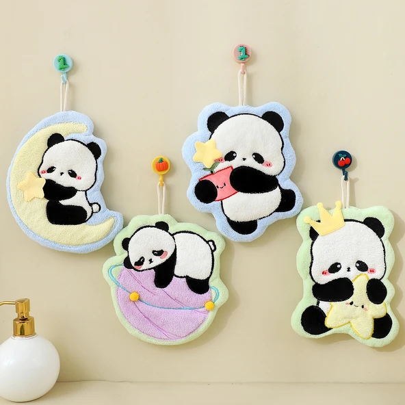 Sevimli Panda El Havlusu - 4'lü Paket - Ay + Yıldız + Yıldız + Küçük Çiçekli Panda