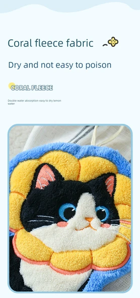 Sevimli Kedi El Havlusu - Fiyonklu Desen - Mercan Polar - 21x25 cm - 10