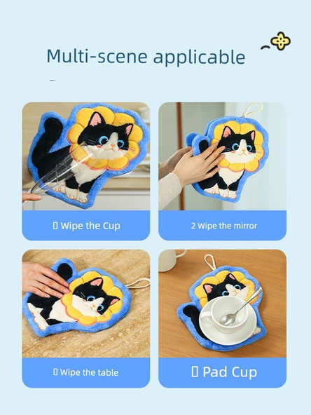 Sevimli Kedi El Havlusu - Fiyonklu Desen - Mercan Polar - 21x25 cm - 6