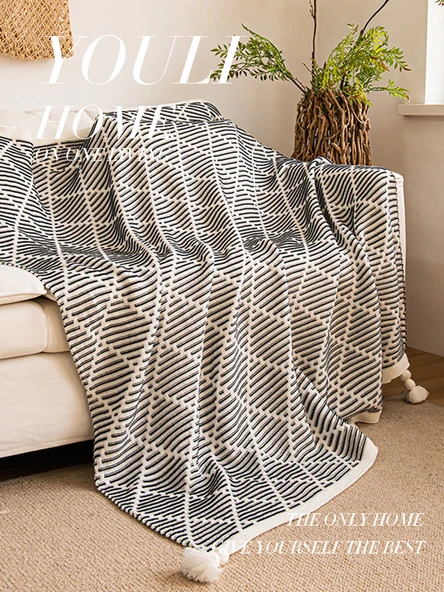 Retro Yeşil Çizgili Koltuk Örtüsü Yatak Örtüsü Dokuma Battaniye - Siyah 130cm * 200cm - 5