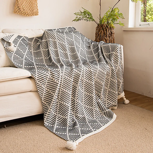 Retro Yeşil Çizgili Koltuk Örtüsü Yatak Örtüsü Dokuma Battaniye - Siyah 130cm * 150cm
