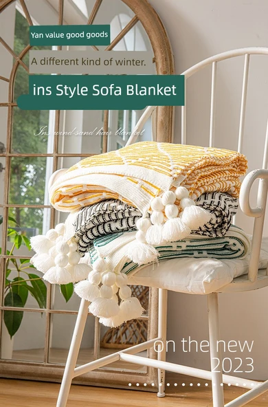Retro Yeşil Çizgili Koltuk Örtüsü Yatak Örtüsü Dokuma Battaniye - Siyah 130cm * 200cm - 8
