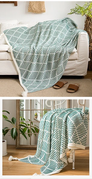 Retro Yeşil Çizgili Koltuk Örtüsü Yatak Örtüsü Dokuma Battaniye - Siyah 130cm * 150cm - 12