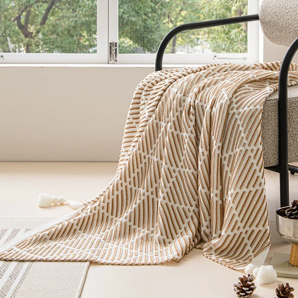 Retro Yeşil Çizgili Koltuk Örtüsü Yatak Örtüsü Dokuma Battaniye - Deve Tüyü 130cm * 150cm