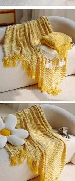 Limon Sarısı Waffle Örme Akrilik Battaniye - 45x45cm Yastık Kılıfı - 11