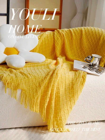 Limon Sarısı Waffle Örme Akrilik Battaniye - 45x45cm Yastık Kılıfı - 4