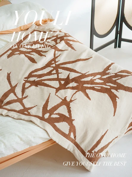 Çin Tarzı Bambu Yaprağı Örgü Battaniye - Gece Bambu Yaprağı Desenli Arka Yüz - 70x110cm - 4