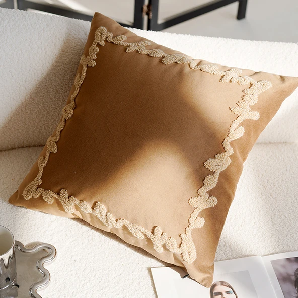 Etnik Desenli Örme Akrilik Battaniye Yatak Kanepe Örtüsü - Kahverengi Harf Halkası 45x45cm Yastık Kılıfı + İç Dolgu
