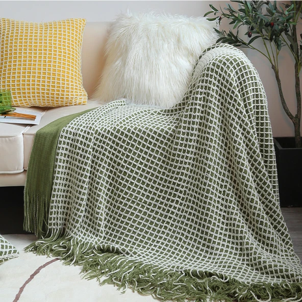 Waffle Örgü Yatak Battaniyesi - Orman Yeşili - 45x45cm Yastık Kılıfı + İç Dolgu
