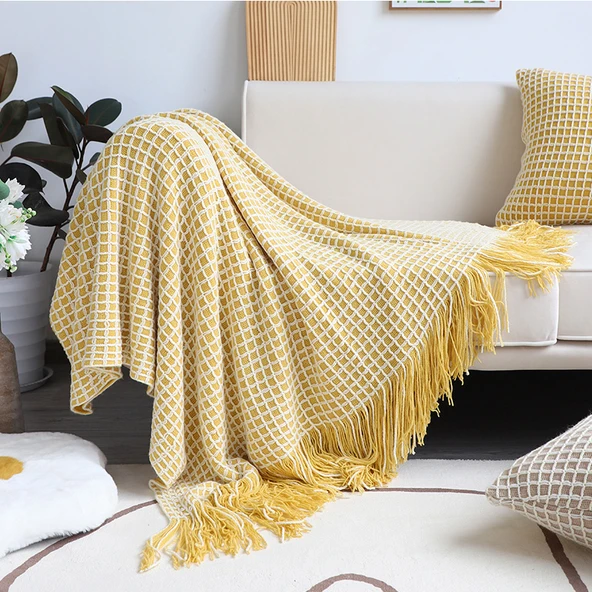 Waffle Örgü Yatak Battaniyesi - Limon Sarısı - 130x230cm