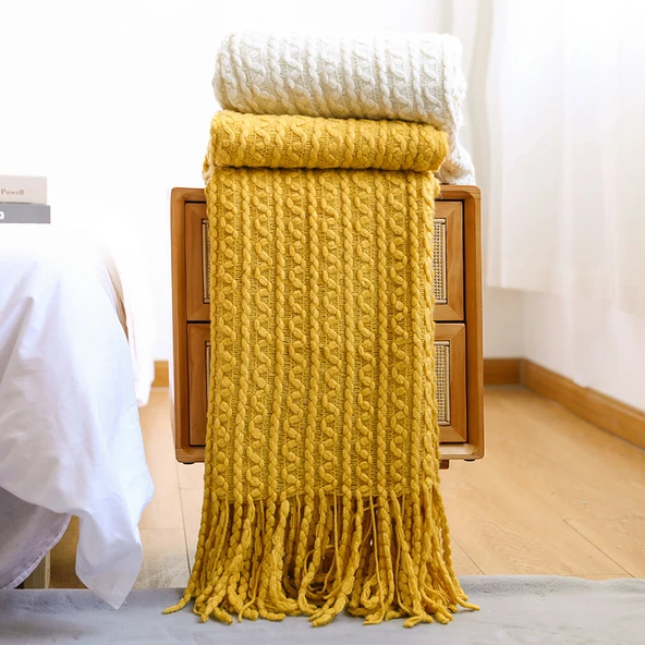 Nordik Örme Koltuk Örtüsü Battaniye - Gök Mavisi (Zencefil Sarısı) - 200cm x 230cm - 5