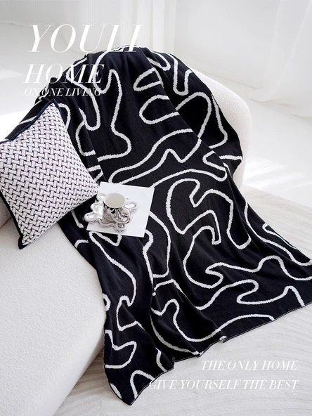 Kazayağı Desenli Örme Nordic Stil Koltuk Örtüsü - Siyah Fırça Desenli Örme Battaniye 130x220cm - 5