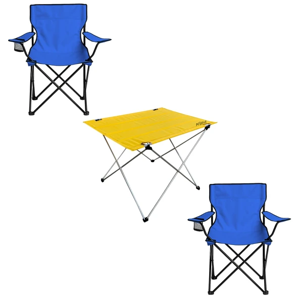 2 Adet Katlanır Kamp Sandalyesi ve Masa Seti - (DY.001) - Mavi/Sarı - Plaj Sandalyesi - Resim 2