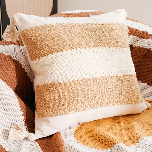 Retro Dokuma Yastık Kılıfı - El Yapımı Kahverengi Çift Çizgili - 45x45cm