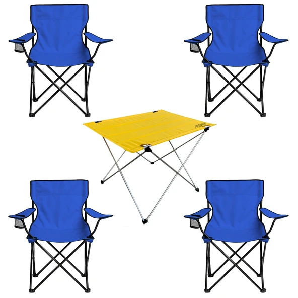 4 Adet Katlanır Kamp Sandalyesi ve Masa Seti - (DY.001) - Mavi/Sarı - Plaj Sandalyesi - Resim 2