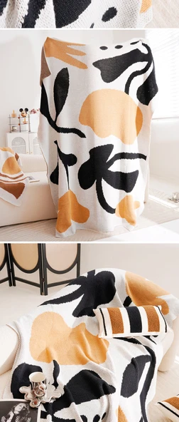 Retro Dokuma Battaniye - Kahverengi Minimalist Çiçekli - 80x120cm - 12