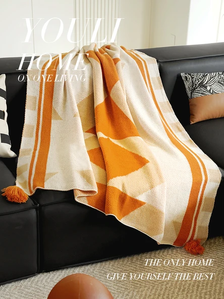 Etnik Stil Örme Battaniye - Ulusal Desen Turuncu Kapitone - 80x130 - 3
