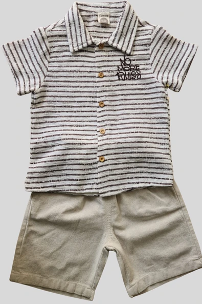 2'li Erkek Çocuk Kahve Çizgili Desenli Gömlek Bej Sortlu Keten Takım - 2
