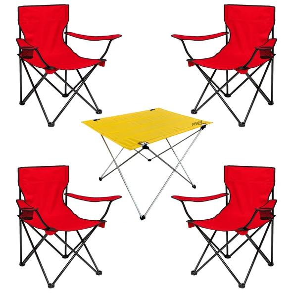 4 Adet Katlanır Kamp Sandalyesi ve Masa Seti - (DY.001) - Kırmızı/Sarı - Plaj Sandalyesi ürün görseli