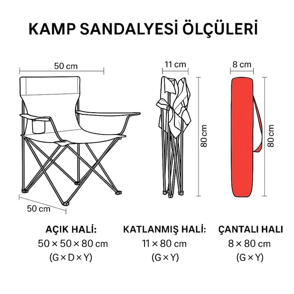 2 Adet Katlanır Kamp Sandalyesi ve Masa Seti - (DY.001) - Kırmızı/Sarı - Plaj Sandalyesi - Resim 3