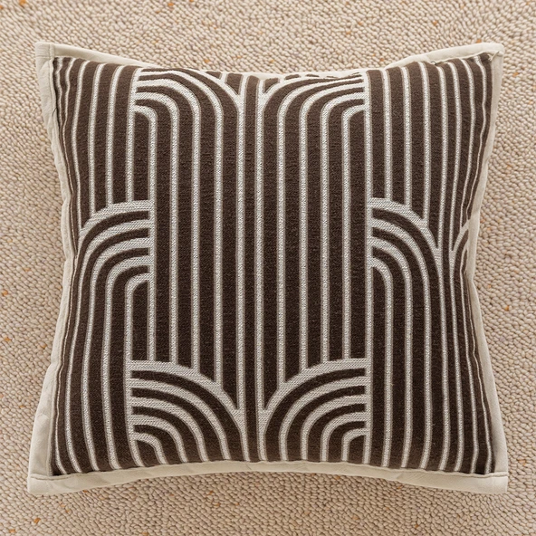 Lüks İskandinav Kanepe Yastık Kılıfı 45x45cm - Beyaz Kenarlı Kahverengi Gökkuşağı Desenli - Kılıf + İç Dolgu - 1