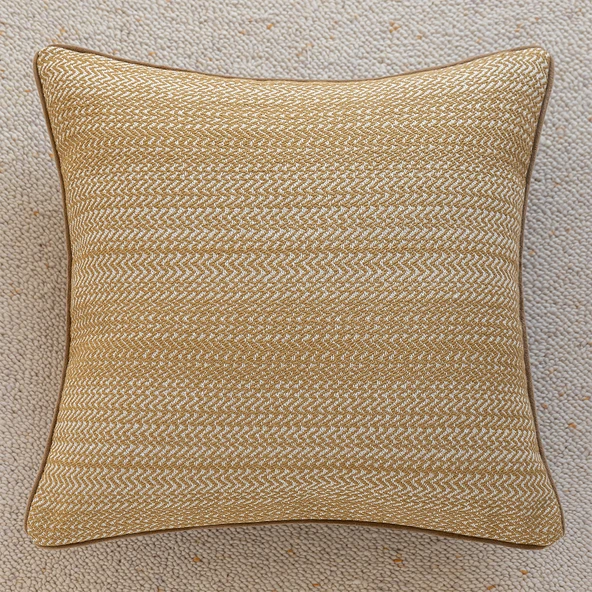 Geometrik Desenli Sofa Yastık Kılıfı - Sarı Yünlü Balıksırtı Kahverengi 45x45 cm (İç Dolgusuz)