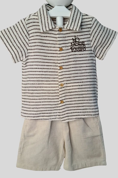 2'li Erkek Çocuk Kahve Çizgili Desenli Gömlek Bej Sortlu Keten Takım