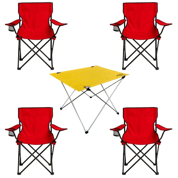 4 Adet Katlanır Kamp Sandalyesi ve Masa Seti - (DY.001) - Kırmızı/Sarı - Plaj Sandalyesi - Resim 2