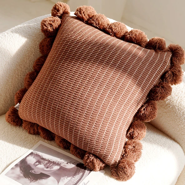 Fransız Stil Örme Dekoratif Yastık Kılıfı - Kahverengi Örme Top Yastık 45x45cm - Sadece Yastık Kılıfı