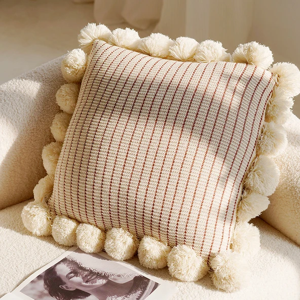 Örme Dekoratif Yastık Kılıfı - Kayısı Örgü Toplu Yastık 45x45cm - Sadece Kılıf