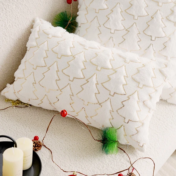 Noel Dekoratif Yastık Kılıfı - Dolgulu Beyaz Yılbaşı Ağacı Uzun 30x50cm - Sadece Yastık Kılıfı - 1