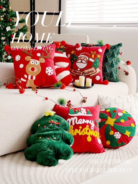 Noel Dekoratif Yastık Kılıfı - Dolgulu Yeşil Yılbaşı Ağacı Kare 30x50cm - Kılıf + İç Dolgu - 5
