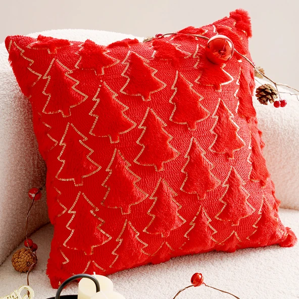 Noel Dekoratif Yastık Kılıfı - Dolgulu Kırmızı Yılbaşı Ağacı Kare 45x45cm - Kılıf + İç Dolgu