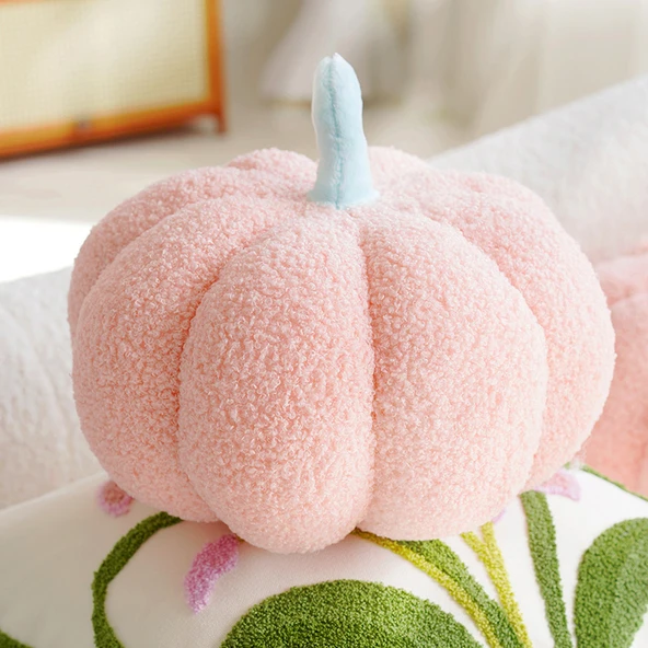 Çocuk Odası Sevimli Tavşan Yastık Kılıfı - Teddy Kadife Pembe Balkabağı 28cm - Yastık Kılıfı + İç Dolgu