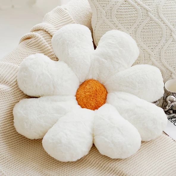 Tavşan Peluş Ayçiçeği Yastık - Tavşan Tüyü Beyaz Papatya Desenli 60cm - Dolgulu