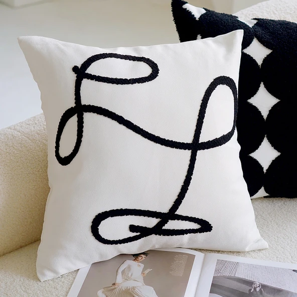 Retro İskandinav Tarzı Yastık Kılıfı - Minimalist Çizgi 45x45 - Kılıf + İç Dolgu