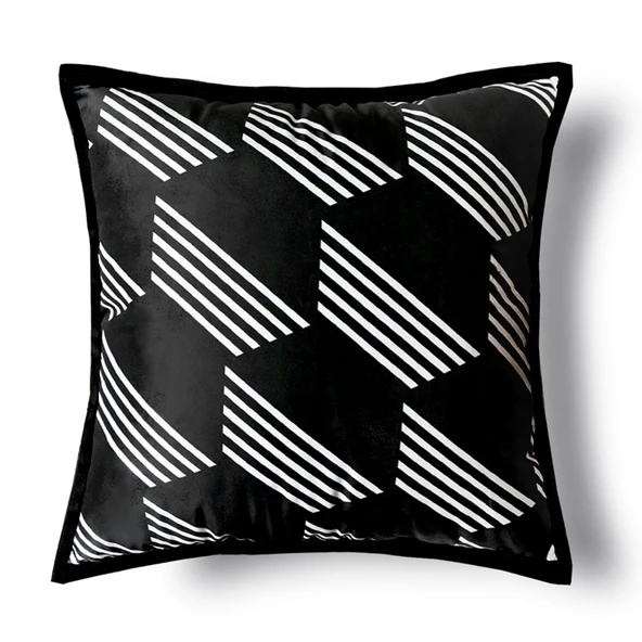 Siyah Kenarlı Beyaz Çizgili Kırlent Kılıfı 45x45cm - İç Dolgulu