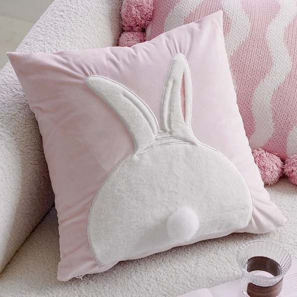 Çocuk Odası Sevimli Tavşan Yastık Kılıfı - Desenli Tavşan Kürkü Kare 45x45cm - Yastık Kılıfı + İç Dolgu