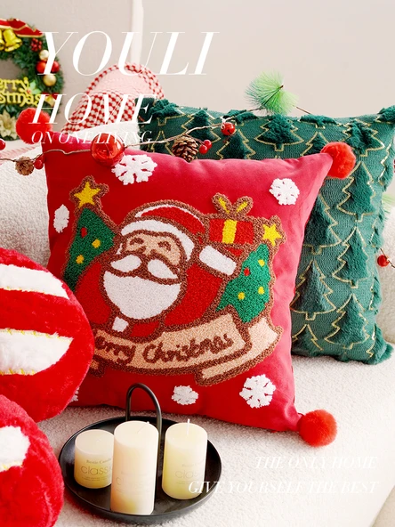 Noel Dekoratif Yastık Kılıfı - Yıldızlı Kurdeleli Yılbaşı Ağacı 45cm - Kılıf + İç Dolgu - 6