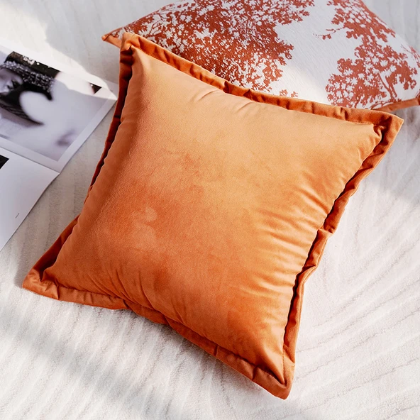 Turuncu Dekoratif Yastık Kılıfı 45x45 cm - Turuncu Kenarlı Kadife Yastık / İç Dolgulu